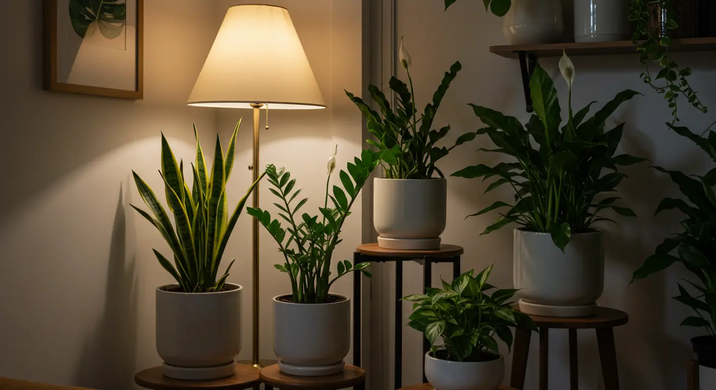 A cozy, dimly lit room featuring thriving low light indoor plants like Snake Plant, ZZ Plant, and Peace Lily, placed in shaded corners and on shelves.